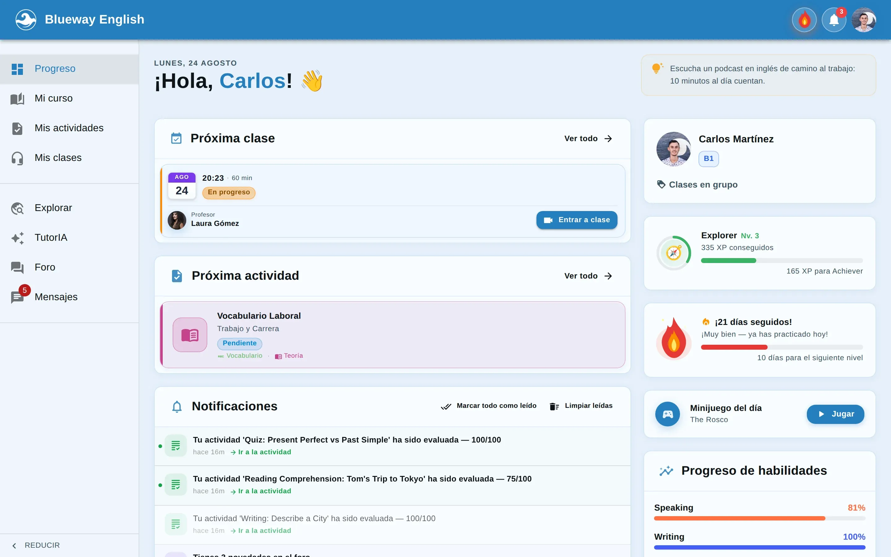 captura real · panel del alumno de Blueway English